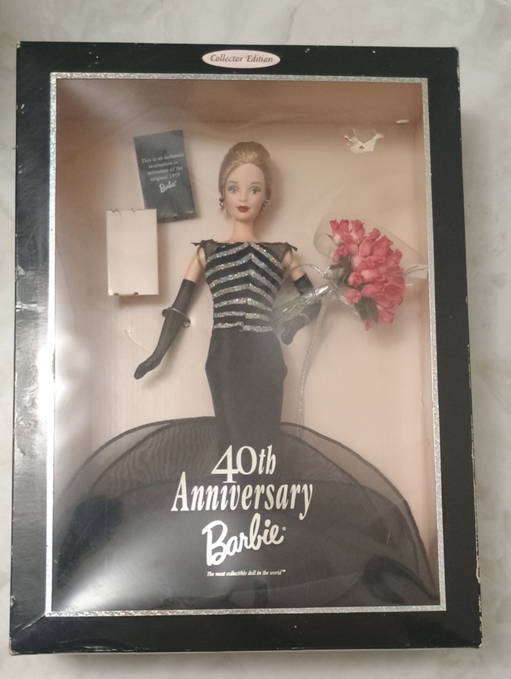 Barbie 1999 40th Anniversary Black Dress with Silver Accents and Pink Bouquet